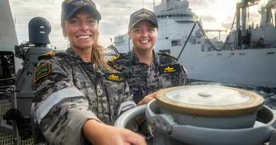HMAS Hobart's Navigating Officer, Lieutenant Tori Costello, and Commanding Officer, Commander Alisha Withers, guide Hobart as it conducts a replenishment at sea during Exercise La Perouse. Story by Lieutenant Harrison Thomas. Photo by Leading Seaman Iggy Roberts.