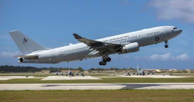 A RAAF KC-30A Multi-Role Tanker Transport aircraft departs Andersen Air Force Base, Guam, during Exercise Cope North 25. Story b y Flight Lieutenant Madeleine Magee. Photos by Aircraftwoman Mikaela Fernlund.