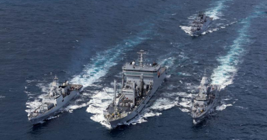 HMAS Stuart conducts a replenishment at sea with Indian Navy Ships Shakti and Tabar with INS Kadmatt behind as part of Exercise Malabar 24. Photo by Leading Seaman Rikki-Lea Phillips.