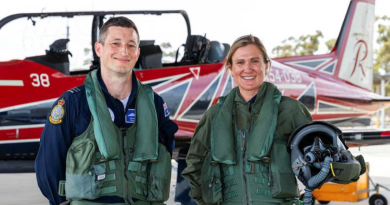 Roulette Two, Flight Lieutenant David Burnard, stands with Tour Down Under assistant race director Carlee Taylor before their PC-21 flight. Story and photos by Flying Officer Michael Thomas.