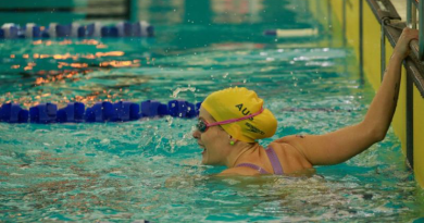 Chelsie Clayton yells her support to competitors still swimming at UBC Aquatic Centre as part of Invictus Games Vancouver Canada 2025. Story by Flying Officer Belinda Barker. Photo by Flight Sergeant Chris Dickson.