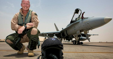 Commander Air Task Group Air Commodore Philip Gordon in front of an F/A-18A Hornet on the flight line of Australia's main air operating base in the Middle East region. This image has been digitally modified. Story by Warrant Officer Class Two Max Bree. Photos by Corporal Nicci Freeman.