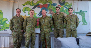 A small group of ADF personnel, including Commander of the Australian Contingent Colonel Mark Coyle, centre, close off Australia’s commitment to Operation Okra at Aussie House inside US military base Camp Arifjan, Kuwait. Story by Lieutenant Commander Max Logan.