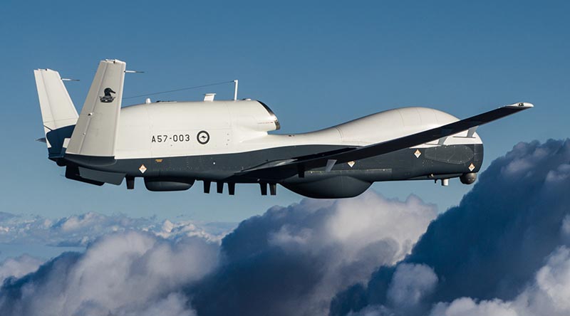 Australia's third MQ-4C Triton, also known as 'AUS3', on its first test flight at Northrop Grumman’s Palmdale, California, facility on 29 October 2024. Photo supplied by Northrop Grumman.