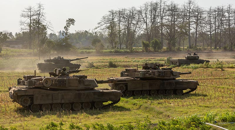 1st Armoured Regiment conduct manoeuvre training on an M1A1 Abrams tanks in Puslatpur, Indonesia, during Exercise Super Garuda Shield 2023. Photo by Sergeant Jarrod McAneney.