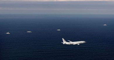 A RAAF P-8A Poseidon participates in a maritime cooperative activity with Royal Australian Navy's HMAS Hobart, Japan Maritime Self-Defense Force ship Akizuki, Philippine Navy ship BRP Jose Rizal and US Navy ship USS Benfold. Story by Lieutenant Harrison Thomas. Photo by Leading Seaman Iggy Roberts.
