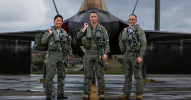 Japan Air Self-Defense Force pilot Captain Nakanishi, United States Air Force pilot Lieutenant Mike Watson and Royal Australian Air Force pilot Flight Lieutenant Ryan Turner during Exercise Cope North 25 at Andersen Air Force Base, Guam. Story by Flight Lieutenant Madeleine Magee. Photos: by Aircraftwoman Mikaela Fernlund.