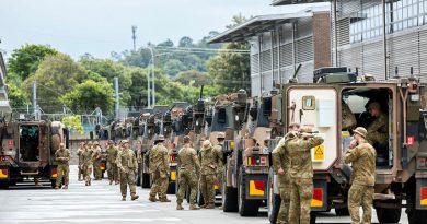 Australian Army soldiers from 8th/9th Battalion, Royal Australian Regiment, departing Gallipoli Barracks in Brisbane as part of the Australian Defence Force response to Tropical Cyclone Alfred. Photo by Corporal Janet Pam.