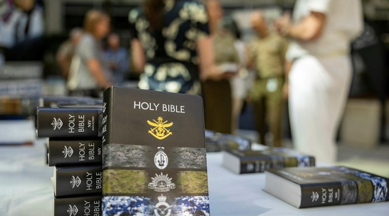The new ADF bible, supplied by the Bible Society Australia, at the launch ceremony at Russell Offices in Canberra. Story and photos by Corporal Michael Rogers.