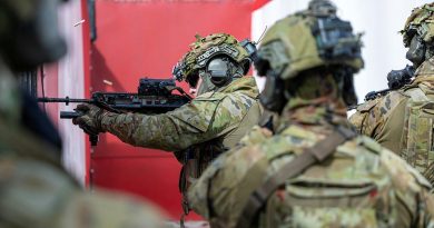 Army soldiers from 8th/9th Battalion, the Royal Australian Regiment, conduct an urban building clearance in the deployable austere shoot house during the Urban Operations User Course at Greenbank Training Area. Story and photos by Corporal Michael Rogers.