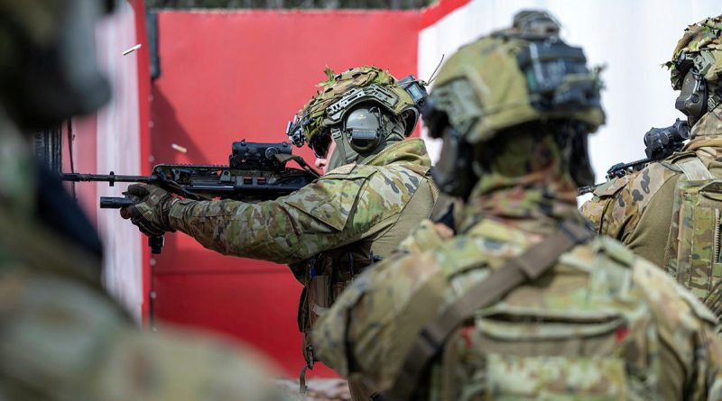 Army soldiers from 8th/9th Battalion, the Royal Australian Regiment, conduct an urban building clearance in the deployable austere shoot house during the Urban Operations User Course at Greenbank Training Area. Story and photos by Corporal Michael Rogers.