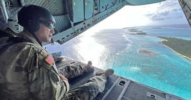 US Army personnel on the ramp of a RAAF C-27J Spartan overlook Kwajalein Atoll. Story by Flight Lieutenant Glen Paul. Photos by Sherman Hogue.