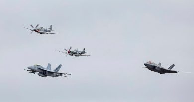 The RAAF's newest aircraft, the F-35A Lightning II, right, and F/A-18F Super Hornet fly in formation with a 100 Squadron CA-18 Mustang and a Supermarine Spitfire MK VIII at the Australian International Airshow 2025. Story b y Flight Lieutenant Sharon Sebastian. Photo by Leading Aircrafman Campbell Latch.