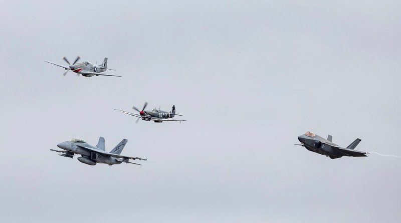The RAAF's newest aircraft, the F-35A Lightning II, right, and F/A-18F Super Hornet fly in formation with a 100 Squadron CA-18 Mustang and a Supermarine Spitfire MK VIII at the Australian International Airshow 2025. Story b y Flight Lieutenant Sharon Sebastian. Photo by Leading Aircrafman Campbell Latch.