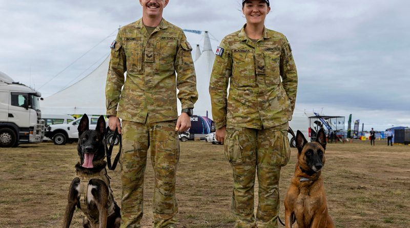 Military Working Dog Handlers from RAAF Base Tindal, Corporal Jesse Beard (Left) with his dog Xon and Corporal Natasha Blackman with her dog Onix at the Australian International Airshow 2025. Story by Flight Lieutenant Sharon Sebastian. Photos by Leading Aircraftman Campbell Latch.