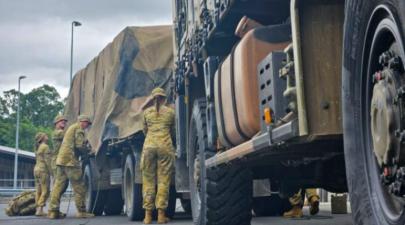 Australian Army soldiers from 7th Combat Brigade conduct preparations at Gallipoli Barracks in Brisbane as part of final preparations for Tropical Cyclone Alfred.