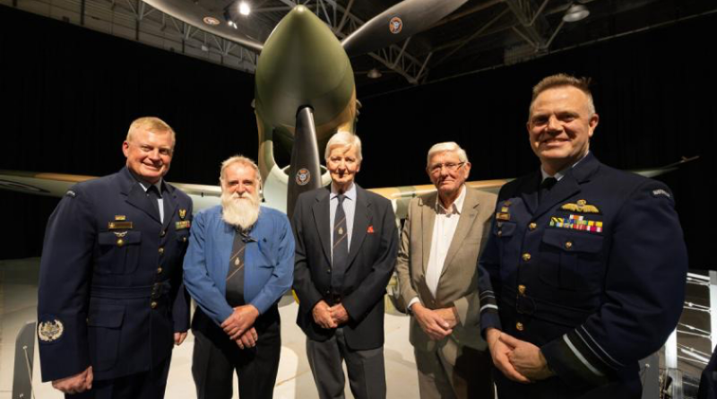 Warrant Office of the Air Force Ralph Clifton, Gary Walsh, Rodney Ticler, David Gardner, and Chief of Air Force, Air Marshal Stephen Chappell at the unveiling of the restored P-40E Kittyhawk. Story by Squadron Leader Richard Briedis. Photos by Leading Aircraftwoman Maddison Scot.