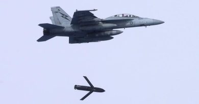 A Long Range Anti-Ship Missile (LRASM) is released from a No. 1 Squadron F/A-18F Super Hornet. Image supplied.