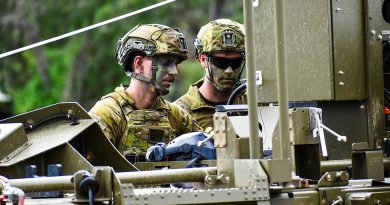 Gunner Jake McKean and Gunner Fergus Eastaugh assess the trailer-mounted UAV recovery system during Exercise Chimera Walk at the Shoalwater Bay Training Area, Queensland. Story and photos by Captain Tadek Markowski.