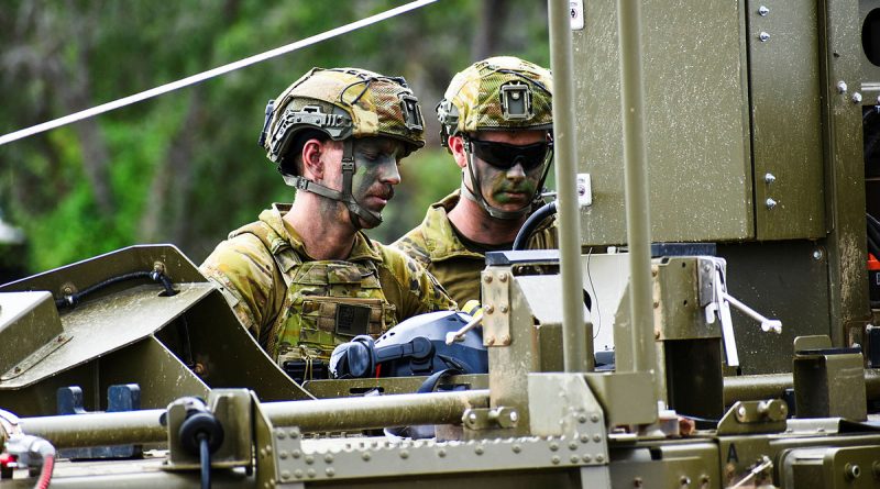 Gunner Jake McKean and Gunner Fergus Eastaugh assess the trailer-mounted UAV recovery system during Exercise Chimera Walk at the Shoalwater Bay Training Area, Queensland. Story and photos by Captain Tadek Markowski.