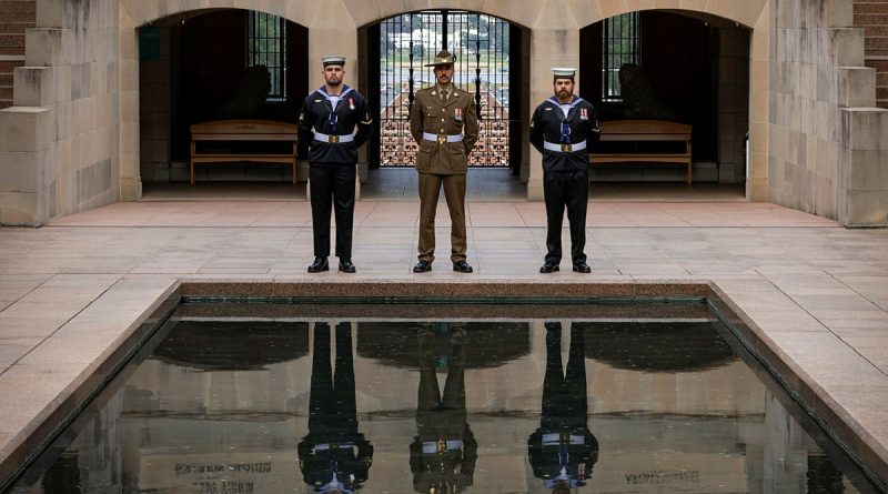 Able Seaman Joshua Bishenden, Private Daniel Barlow and Able Seaman Mitchell Rigney at the Australian War Memorial in Canberra during final preparations for Anzac Day 2025. Story by Captain Katy Manning. Photo by Corporal Nicole Dorrett.