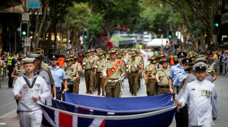 Soldiers from 7th Brigade march down Adelaide Street during the Anzac Day 2025 parade in Brisbane. Story by Captain Cody Tsaousis. Photo by Lance Corporal Luke Donegan.