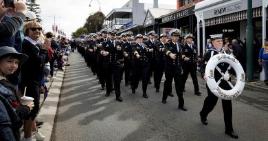 Sailors from HMAS Toowoomba's ship's company march down York Street in Albany, Western Australia, on Anzac Day. Story by Petty Officer Keigan Gunther. Photos by Leading Seaman Rikki-Lea Phillips.