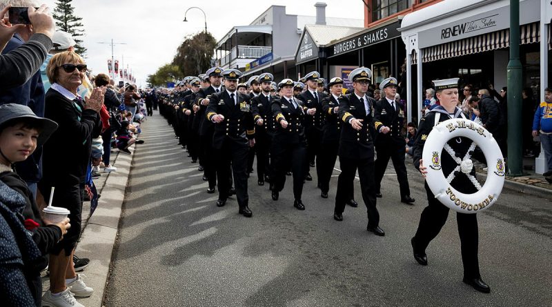 Sailors from HMAS Toowoomba's ship's company march down York Street in Albany, Western Australia, on Anzac Day. Story by Petty Officer Keigan Gunther. Photos by Leading Seaman Rikki-Lea Phillips.