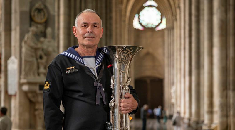 Able Seaman Francis Piccin, of the Royal Australian Navy Band, Sydney, at Amiens Cathedral in France. Story by Captain Katy Manning. Photos by Corporal Nicole Dorrett.