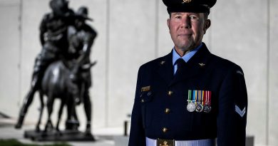 Air Force's Corporal Kevin Jeffries, of Australia's Federation Guard, reflects at the statue of Simpson and his Donkey at the Australian War Memorial before heading to Lone Pine for Anzac Day 2025. Story by Flight Lieutenant Vernon Pather. Photo by Sergeant Sagi Biderman.