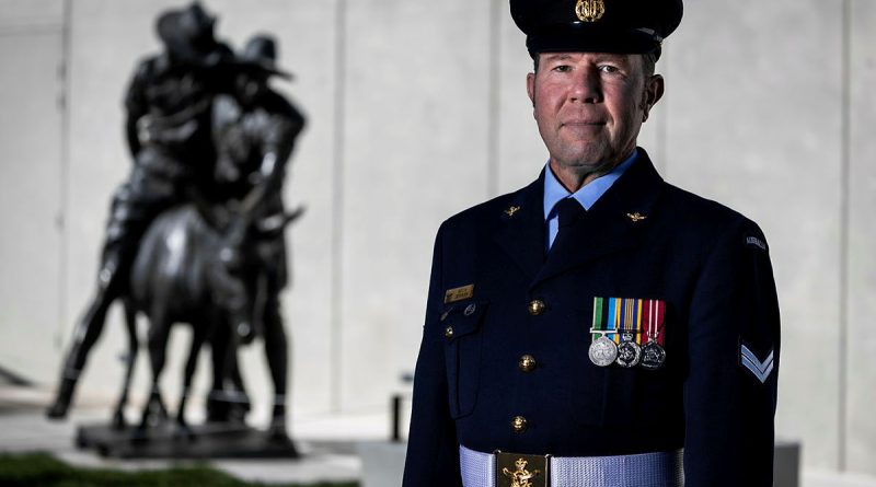 Air Force's Corporal Kevin Jeffries, of Australia's Federation Guard, reflects at the statue of Simpson and his Donkey at the Australian War Memorial before heading to Lone Pine for Anzac Day 2025. Story by Flight Lieutenant Vernon Pather. Photo by Sergeant Sagi Biderman.