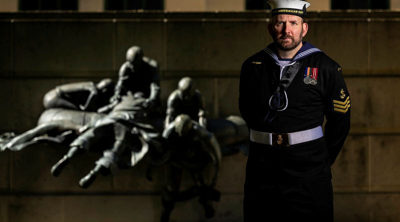 Leading Seaman Benjamin Woodlock, of Australia's Federation Guard, at the Australian War Memorial during the lead-up to Anzac Day 2025, when he will command the catafalque party at the Gallipoli dawn service. Story by Flight Lieutenant Vernon Pather. Photo by Sergeant Sagi Biderman.