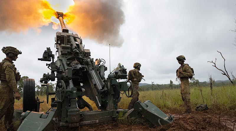 Australian Army soldiers from 4th Regiment, Royal Australian Artillery, fire Assegai ammunition in Townsville Field Training Area, Queensland. Photo by Corporal Guy Sadler.