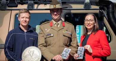 From left, Royal Australian Mint coin designer Adam Ball, Army Head of Corps Brigadier Deane Limmer and Royal Australian Mint acting chief executive officer Emily Martin. Story by Corporal Luke Bellman.
