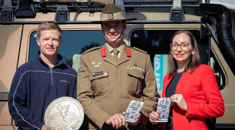 From left, Royal Australian Mint coin designer Adam Ball, Army Head of Corps Brigadier Deane Limmer and Royal Australian Mint acting chief executive officer Emily Martin. Story by Corporal Luke Bellman.