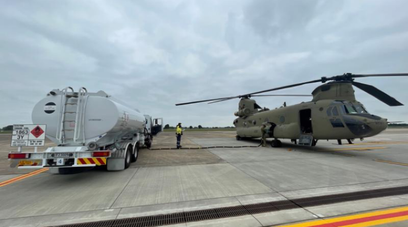Army Corporal Bailey Cassidy refuels a CH-47F Chinook with some 3000lbs of blended sustainable aviation fuel at RAAF Base East Sale in southern Victoria. Story by Major Cameron Jamieson. Photo by Captain Bonnie Hunt.