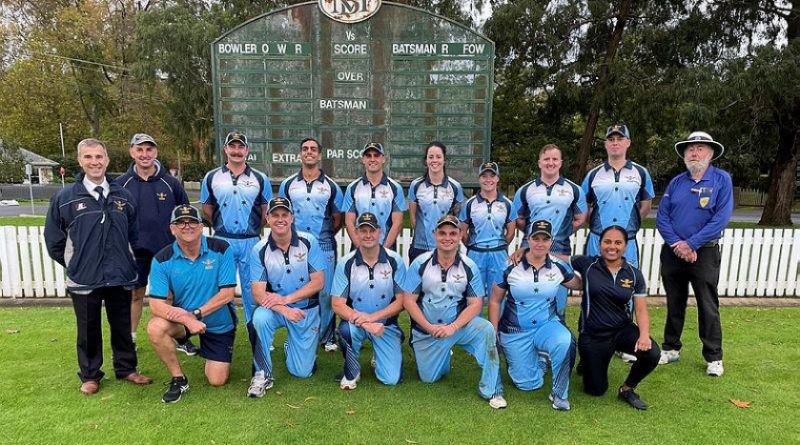 Air Force Cricket's Anzac Day 2022 team line up before the match in Bowral. Story by Wing Commander Deanna Nott.