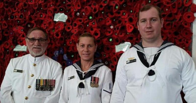 Leading Seaman Christine Merrilees with her son, Leading Seaman Shannon Leak, and her father, Chief Petty Officer Stewart Merrilees. Story by Lieutenant Hinako Shiraishi.