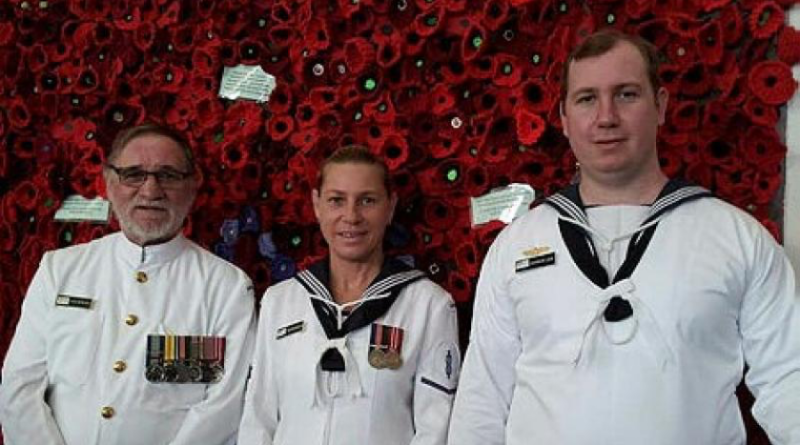 Leading Seaman Christine Merrilees with her son, Leading Seaman Shannon Leak, and her father, Chief Petty Officer Stewart Merrilees. Story by Lieutenant Hinako Shiraishi.