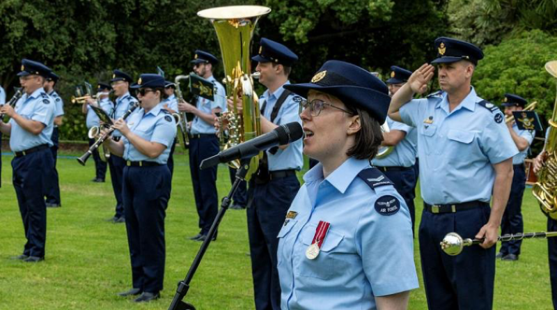 Royal Australian Air Force musician Corporal Chloe Bruer-Jones will sing the national anthems of Australia and New Zealand on Anzac Day. Story by Warrant Officer Ben van den Akker. Photo by Corporal Michael Currie.