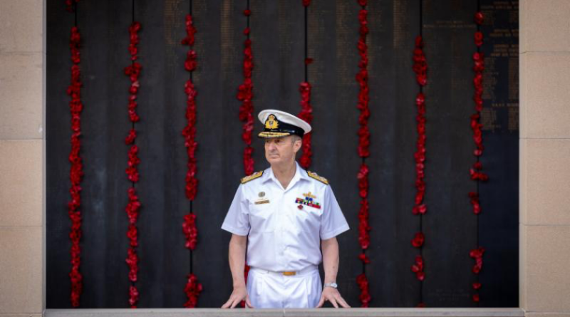 Chief of the Defence Force Admiral David Johnston delivers the 2025 Anzac Day message at the Australian War Memorial, Canberra. Photo by Rodney Braithwaite.