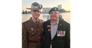 Lance Corporal (retd) Kevin Booth with his grandson Lieutenant Kaleb Booth, of the 10th Force Support Battalion, pose together after the Mandurah RSL parade. Story by Captain Joanne Leca.