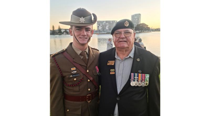 Lance Corporal (retd) Kevin Booth with his grandson Lieutenant Kaleb Booth, of the 10th Force Support Battalion, pose together after the Mandurah RSL parade. Story by Captain Joanne Leca.