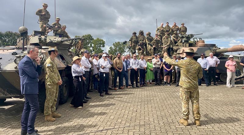 Commander 3 Brigade Brigadier Ben McLennan addresses executives from the Australian Industry Group (AIG) during a visit to Lavarack Barracks, Townsville on 13 March 2025. Photo by Major Gabrielle Taylor.