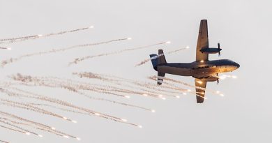A C-27J Spartan fires flares during an aerial display at the Australian International Airshow 2025, Avalon. Photo by Leading Aircraftman Ryan Howell.