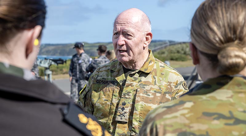 General the Honourable Sir Peter Cosgrove speaks with Australian Navy Cadets during a visit to the West Head Gunnery Range, Flinders, Victoria. Photo by Leading Seaman Sittichai Sakonpoonpol.