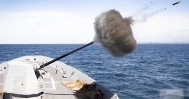 HMAS Sydney conducts a 5-inch gun firing in support of soldiers ashore at Shoalwater Bay, Queensland, during Regional Presence Deployment 25-2. Photo by Leading Seaman David Cox.