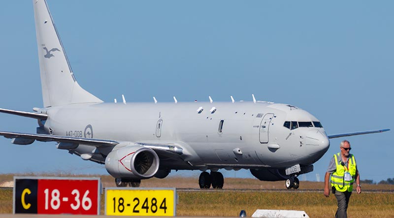 A Royal Australian Air Force No.11 Squadron P-8A Poseidon taxies after landing at Avalon Airport during the Australian International Air Show 2025. Photo by Leading Aircraftman Ryan Howell.