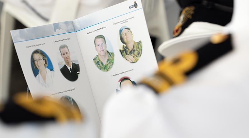 Family, friends and members of the local and ADF communities attend a 20th anniversary memorial service for the 'Shark 02' helicopter crash, conducted at the Fleet Air Museum, HMAS Albatross. Photo by Petty Officer Peter Thompson.