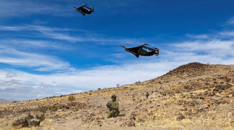 An Australian Army soldier from 1st Armoured Regiment demonstrates hyper-teaming with uncrewed aerial systems on Project Convergence Capstone 5 at Fort Irwin, California, on 11 March 2025. Story by Major Peter Nugent. Photos by Photos: Corporal Nakia Chapman.